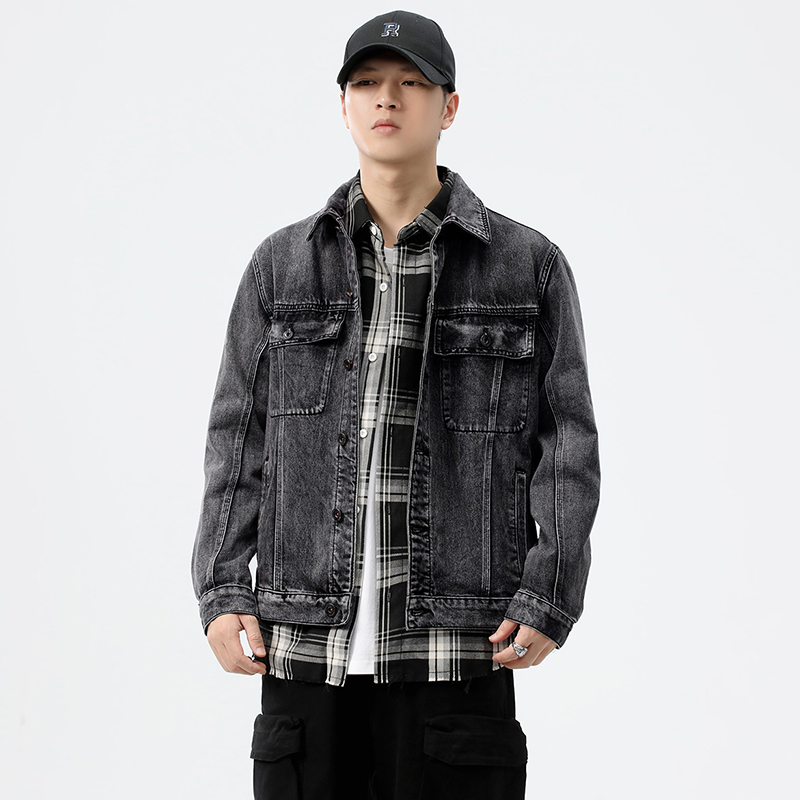 Streetwear Brand Denim - جاكيت دينيم رجالي بجيوب للعمل، بتصميم