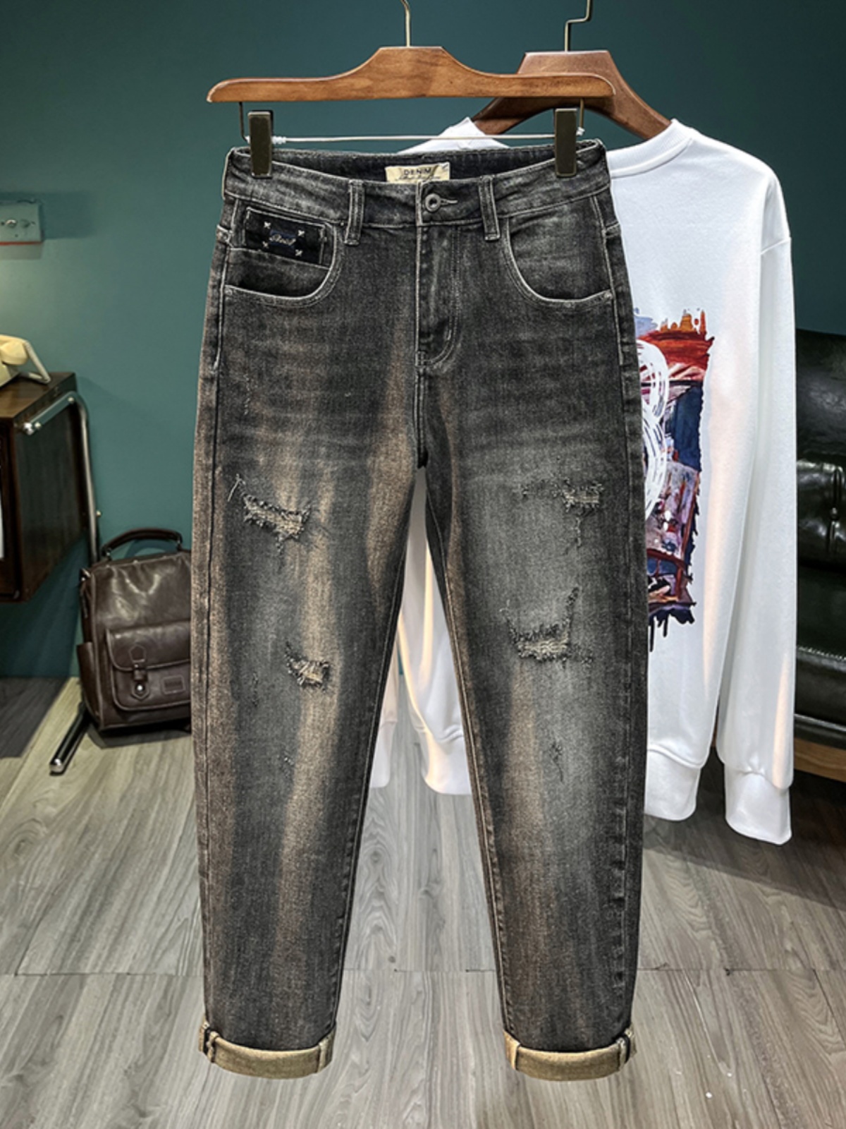 Streetwear Brand Denim - جينز رجالي ممزق على الطراز الأمريكي،